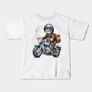 Cool street cat with black leather jacket riding a motorbike with backpack Kids T-Shirt